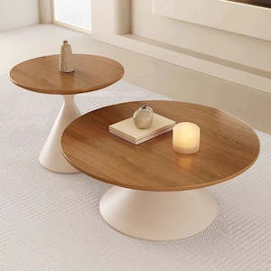 Furniture: Tova 2PCS Modern Round Nesting Coffee Table Set with Wood Top - Nature & White