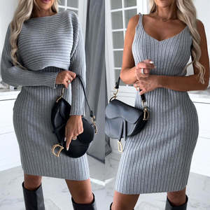 2pcs Suit Women's Solid Stripe Long-sleeved Top And Tight Suspender Skirt F&hellip;