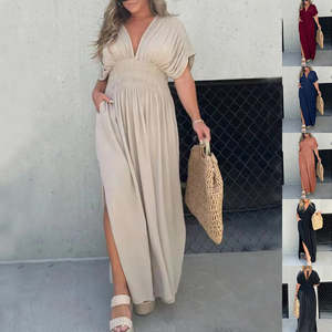 Fashion Bat-sleeved V-neck Slit Dress Summer Short Sleeve Elastic Waist Long Dre&hellip;