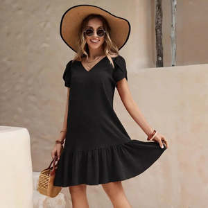 Fab Ur Sophisticated Elegance: V-neck Solid Color Loose Casual Short Sleeve Dress