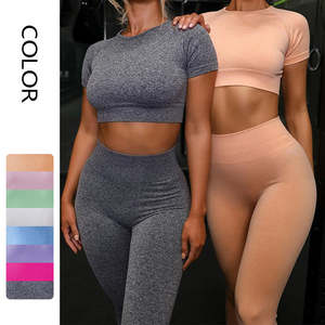 Midnight Crew: Seamless Yoga Sport Set Fitness Women Running Leggings Short Sleeve Tops