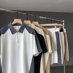 Menswear: Summer Menswear Color Stitching Turnover Neck Short-sleeved T-shirt Set With Handsome Casual Shorts