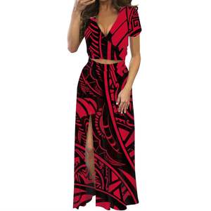 Island Wear: Custom Hawaiian Pattern Women's V-neck Two-Piece Set The Traditional Polynesian Tribe Comfortable Elegant High Slit Sexy Dress