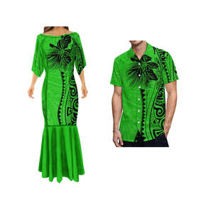 Island Wear: Off Shoulder Mermaid Dress with Matching Shirt for him