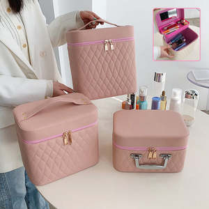 Bags: Portable Cosmetic Bag With Mirror Design Fashion Rhombus-Embroidery Double-layer Suitcase Large Capacity Make-up Storage Bags For Women