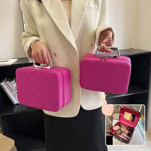 Bags: Rhombus-Embroidery Design Cosmetic Bag With Handle And Mirror Fashion Large Capacity Portable Make-up Storage Bags For Women