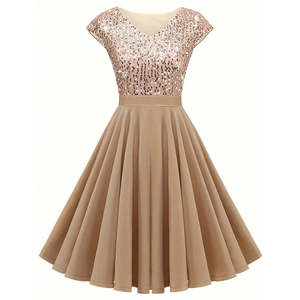 New Arrivals: Women's Elegant Sequin V Neck Cap Sleeves Pleated Evening Cocktail Dress