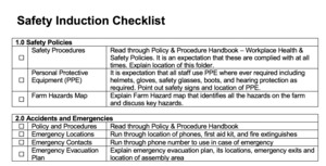 Safety Induction Check List
