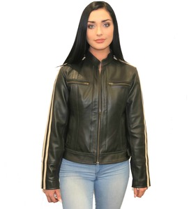 Motorcycle Jacket Motorcycle Leather Jacket with Armours: Women's Biker Style Black Leather Jacket With Twin Cream Stripes NZ