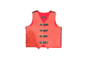 Clearance - Leather Direct: Custom Red Leather Vest with Black Straps - Leather Direct Genuine Leather Vests