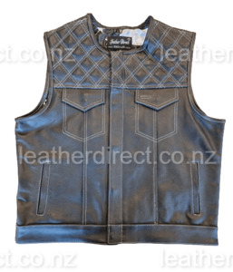Leather Vests For Men - Motorcycle Leather Vest - Thick Leather Vest: Black Jean Style Leather Vest with White Stitching - Motorcycle Vest NZ