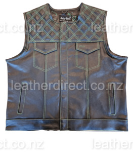 Black Jeans Style Leather Vest with Green Stitching - Motorcycle Vest NZ
