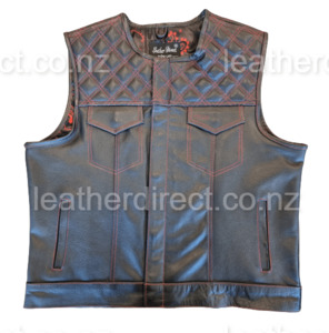 Leather Vests For Men - Motorcycle Leather Vest - Thick Leather Vest: Black Jean Style Vest with Red Stitching - Leather Direct NZ