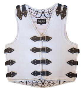 White Leather Vest with Black Strap - Leather Direct