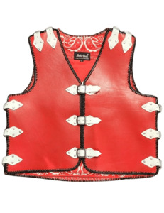 Red Heavy Leather Vest with White Straps - Leather Direct Heavy Leather Vests
