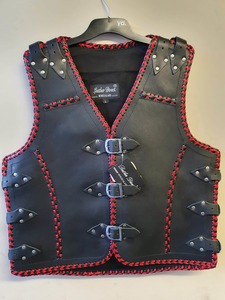 Thick Black Leather Vest With Red Trim - Motorcycle Thick Leather Vest - Genuine&hellip;