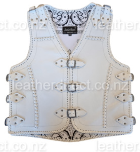 Thick White Leather Vest - Motorcycle Leather Vest - Leather Direct NZ