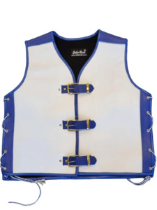 Leather Vests For Men - Motorcycle Leather Vest - Thick Leather Vest: White and Blue Covered Shoulder Vest - Heavy-Duty Leather Vest