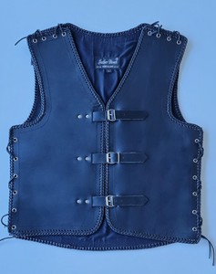 Men's black leather vest with Black braids Thick Motorcycle Leather NZ