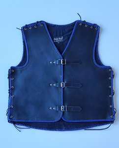 Leather Vests For Men - Motorcycle Leather Vest - Thick Leather Vest: Men's black leather vest with Blue braids Thick Motorcycle Leather NZ