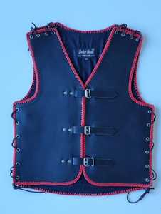 Men's black leather vest with Red braids Thick Motorcycle Leather NZ