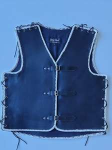 Men's black leather vest with White braids Thick Motorcycle Leather NZ