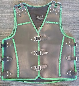 Leather Vests For Men - Motorcycle Leather Vest - Thick Leather Vest: Thick Black Leather Vest With Green Trim - Leather Direct