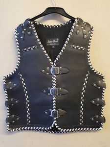 Leather Vests For Men - Motorcycle Leather Vest - Thick Leather Vest: Thick Black Leather Vest With White Trim - Motorcycle-Bike Riding Leather Vest NZ