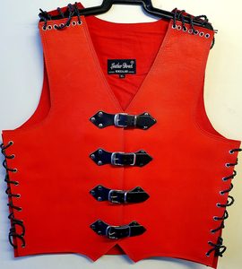 Red Leather Vest with Black Strap - Thick Leather Vest for Riders