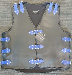 Products: Black Motorcycle Leather Vest with Blue Buckles – LeatherDirect