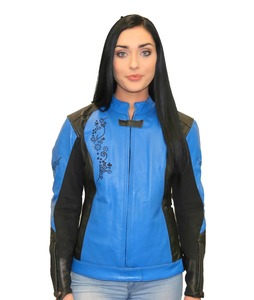 Products: Ladies Blue/Black Embroidered Leather Jacket – LeatherDirect