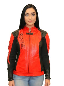 Products: Ladies Red/Black Embroidered Motorcycle Leather Jacket – LeatherDirect
