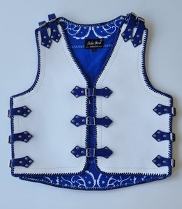 Products: Motorcycle White Leather Vest with Blue Straps – LeatherDirect