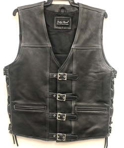 Products: Black leather vest with buckles and white stitching – LeatherDirect