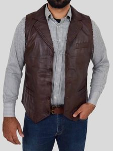 Products: Men’s Dark Brown Leather Waistcoat: Matapu