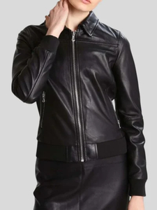 Products: Women’s Simple Black Bomber Leather Jacket: Cust