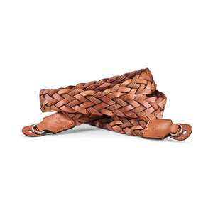 Q Accessories: LEICA CARRYING STRAP FLAT BRAIDED RAYON & LEATHER, COGNAC PRE-ORDER