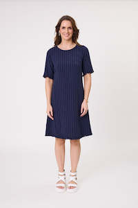 All Seasons Dresses: Allegra Linen Dress Navy Stripe