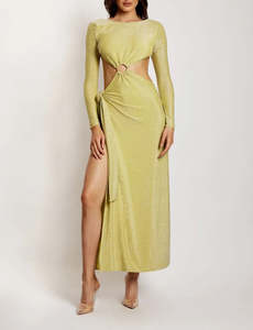 Christina Backless Maxi Wrap Dress in Green Shimmer
