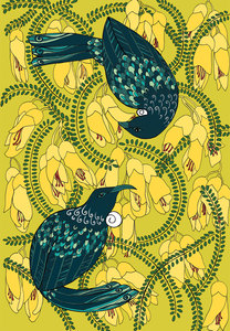 Black And White Prints: NZ Tui in Yellow Kowhai