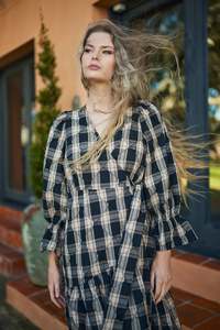 Home Page Clothing Designers New Zealand Libertine The Label: Wyatt Dress | Black camel tartan