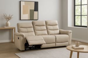 Sofas: Lisbon 3 Seater Leather Electric Recliner Sofa - Beige