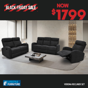 Verona Black: Verona Black 3 Piece Recliner Lounge Suite