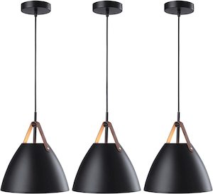 Modern Strapped Metal Cone Shaped with Leather Pendant Light BLACK PL05B
