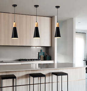Modern Slim Black & Wood Pendant Light for Kitchen Island PL0112B