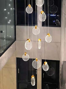 10-Light Chandelier in Brass with Textured Glass Spheres