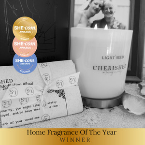 Frontpage: CHERISHED- IN LOVING MEMORY Candle Moonstone & Rose Quartz Crystals with Meditation