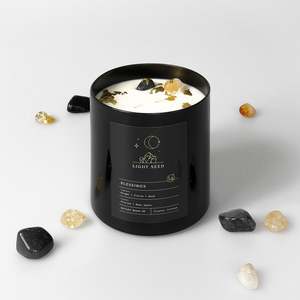 BLESSINGS Candle with Citrine and Moss Agate Crystals