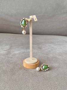 Green Oval Stone Earrings with Pearl Drop