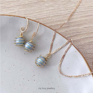 Pearl Necklace Collection: Spiral Caged Pearl Pendant Necklace & Earrings #0712 Baby Blue
